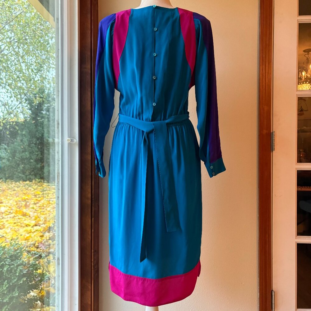 VTG 80s Argenti 100% Silk Midi Dress Colorblock Teal Barbie Pink Mrs. Wheeler - Picture 3 of 9
